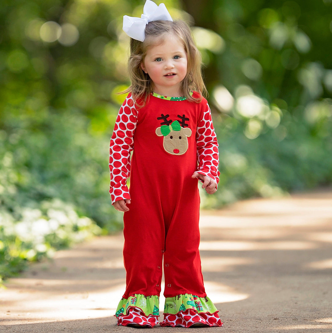 AnnLoren Baby Girls Boutique Red Green Christmas Tree Rudolph Reindeer Holiday Romper-1