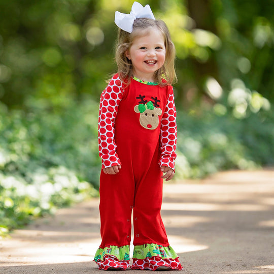 AnnLoren Baby Girls Boutique Red Green Christmas Tree Rudolph Reindeer Holiday Romper-2