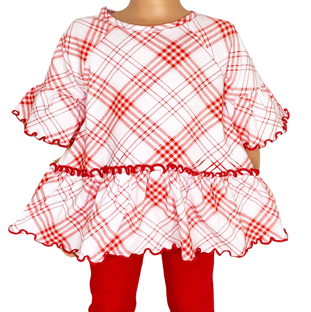 AnnLoren Little & Big Girls 3/4 Angel Sleeve Red Plaid Cotton Knit Ruffle Shirt-0