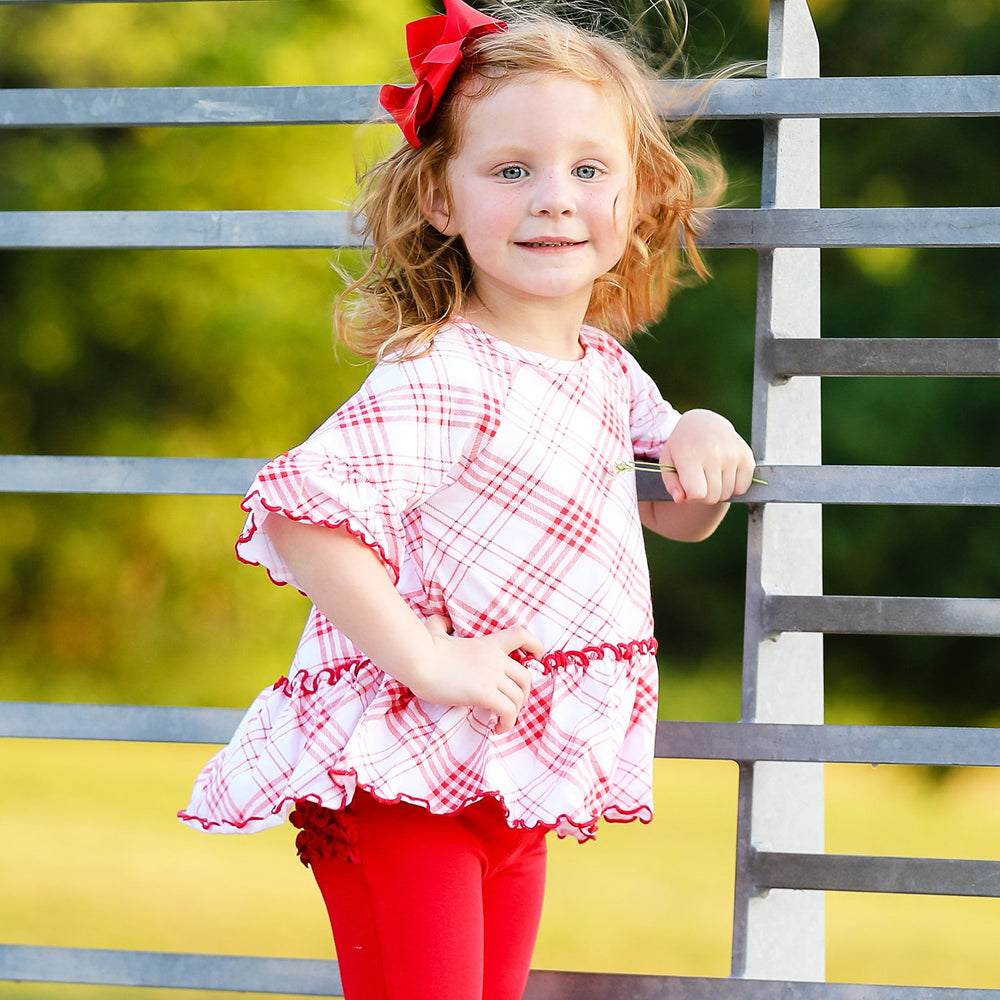 AnnLoren Little & Big Girls 3/4 Angel Sleeve Red Plaid Cotton Knit Ruffle Shirt-1