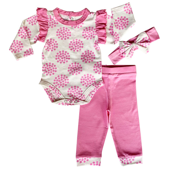 AnnLoren Baby Girls Layette Pink Polka Dot Onesie Pants Headband 3pc Gift Set Clothing-0