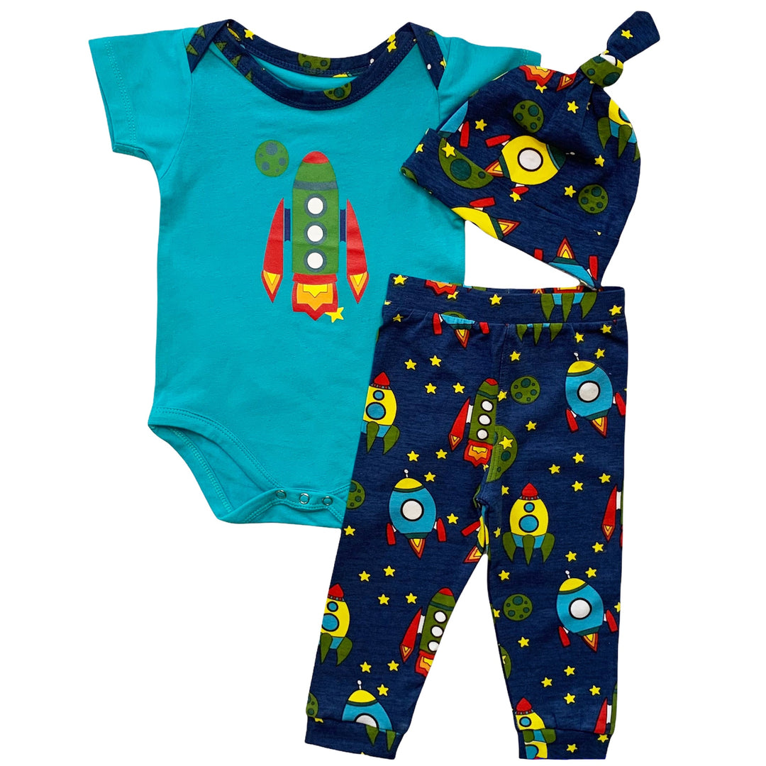 AnnLoren Baby Boys Layette Space Ship Onesie Pants Cap 3pc Gift Set Clothing-0