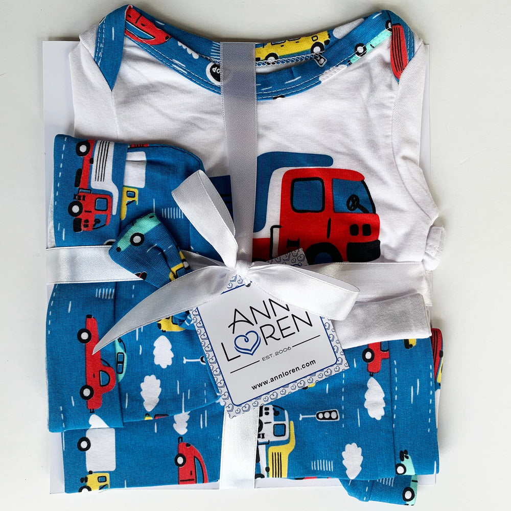 AnnLoren Baby Boys Layette Cars Trucks Long Sleeve Onesie Pants Cap 3pc Gift Set-1