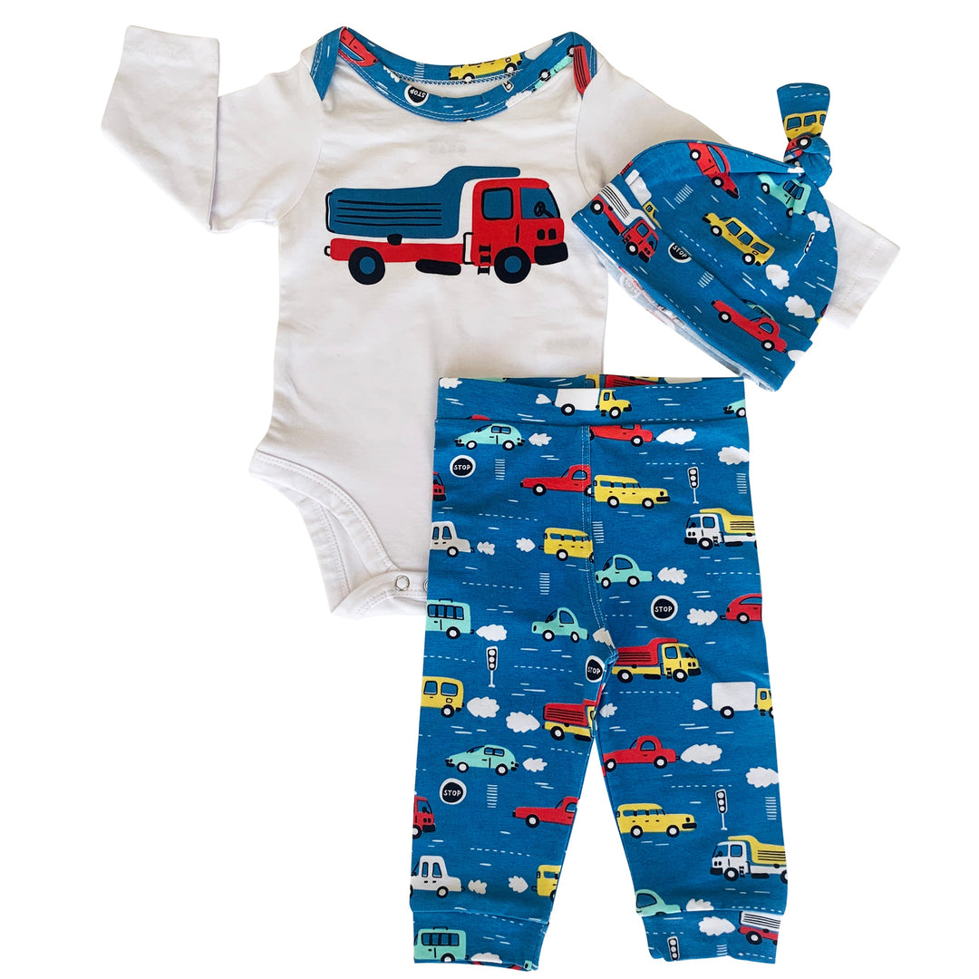 AnnLoren Baby Boys Layette Cars Trucks Long Sleeve Onesie Pants Cap 3pc Gift Set-0