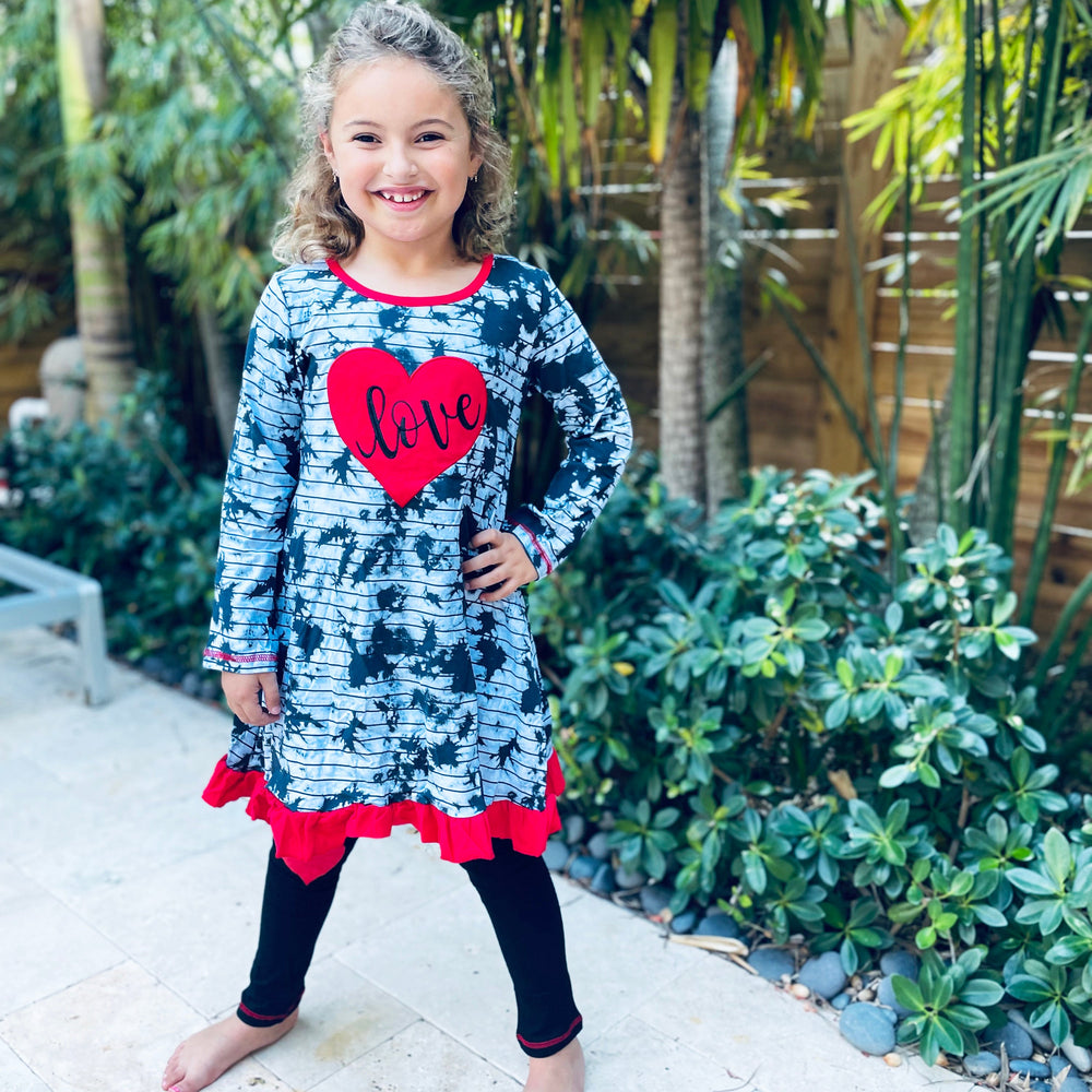 AnnLoren Girls Valentine's Day Heart Tie Dye Outfit Dress and Black Leggings-1