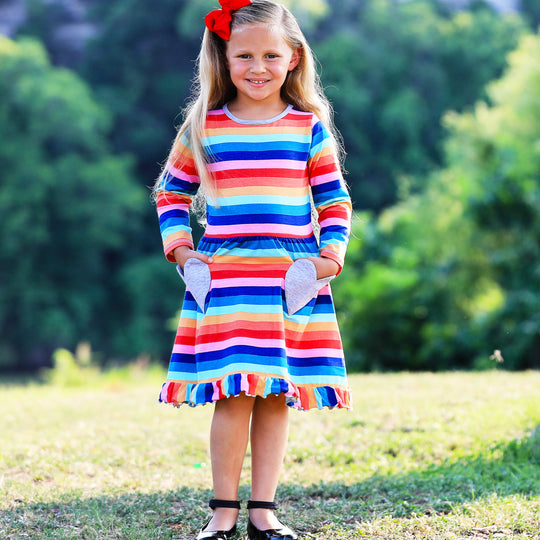 AnnLoren Baby Big Girls Boutique Fall Rainbow Hearts Cotton Winter Dress-1