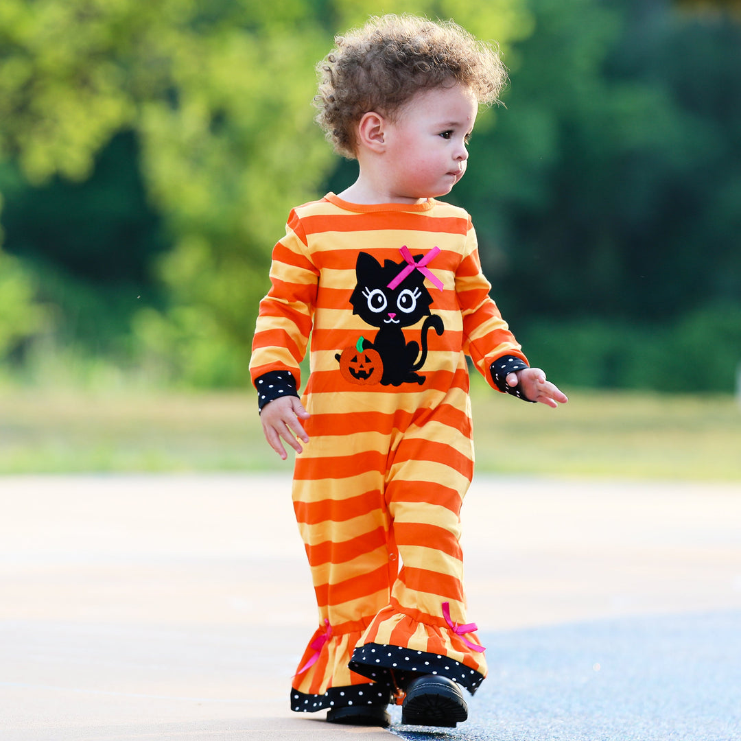 AnnLoren Baby Girls Halloween Sweet Black Cat Orange Cotton Romper-1