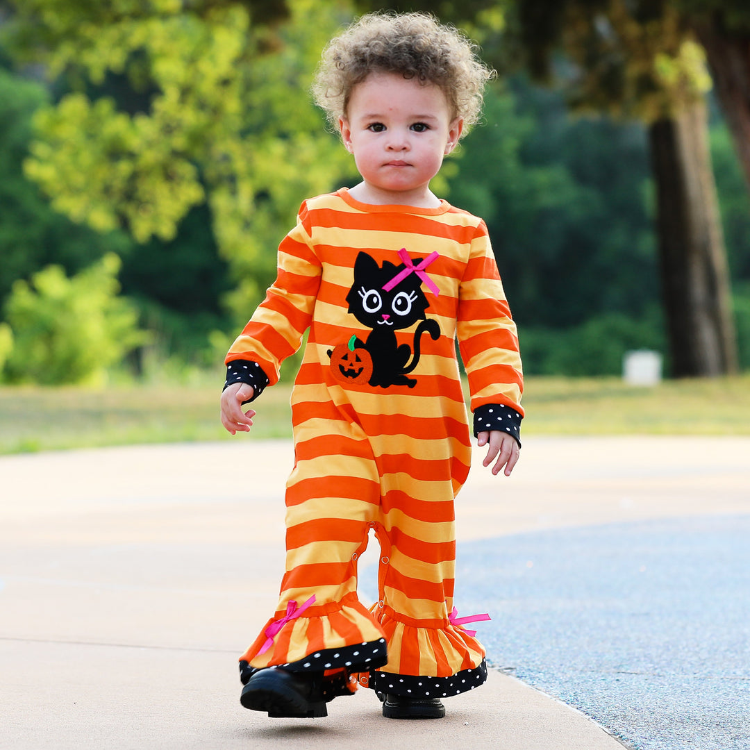 AnnLoren Baby Girls Halloween Sweet Black Cat Orange Cotton Romper-3