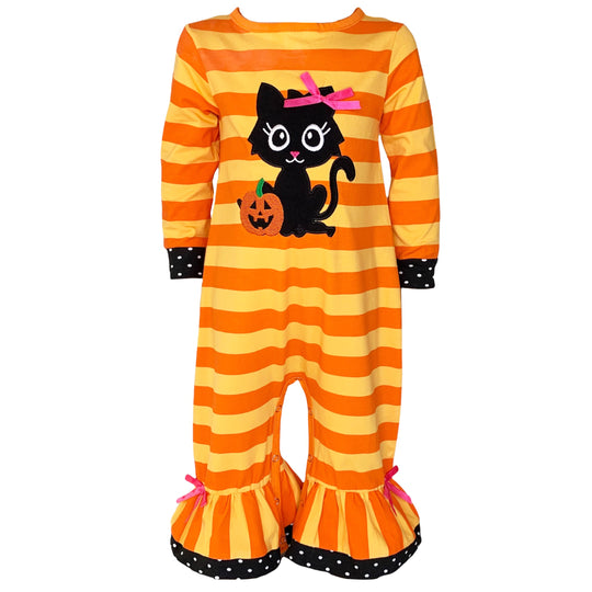 AnnLoren Baby Girls Halloween Sweet Black Cat Orange Cotton Romper-0