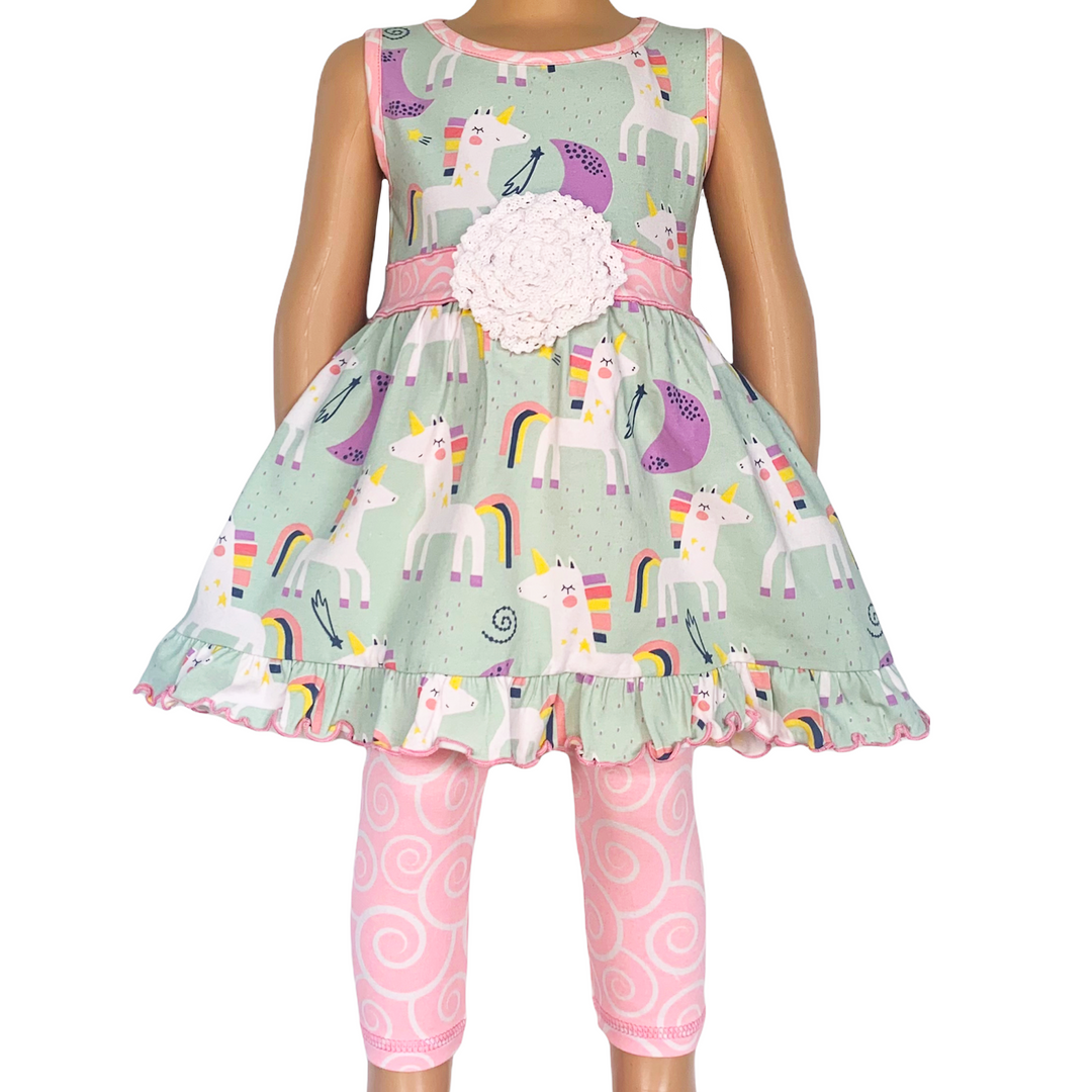 AnnLoren Girls Unicorns Rainbow Dress & Pink Swirl Leggings Outfit-0