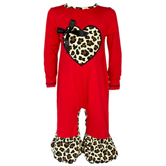 AnnLoren Baby Girls Leopard Valentines Holiday Heart Romper Outfit One Piece-0