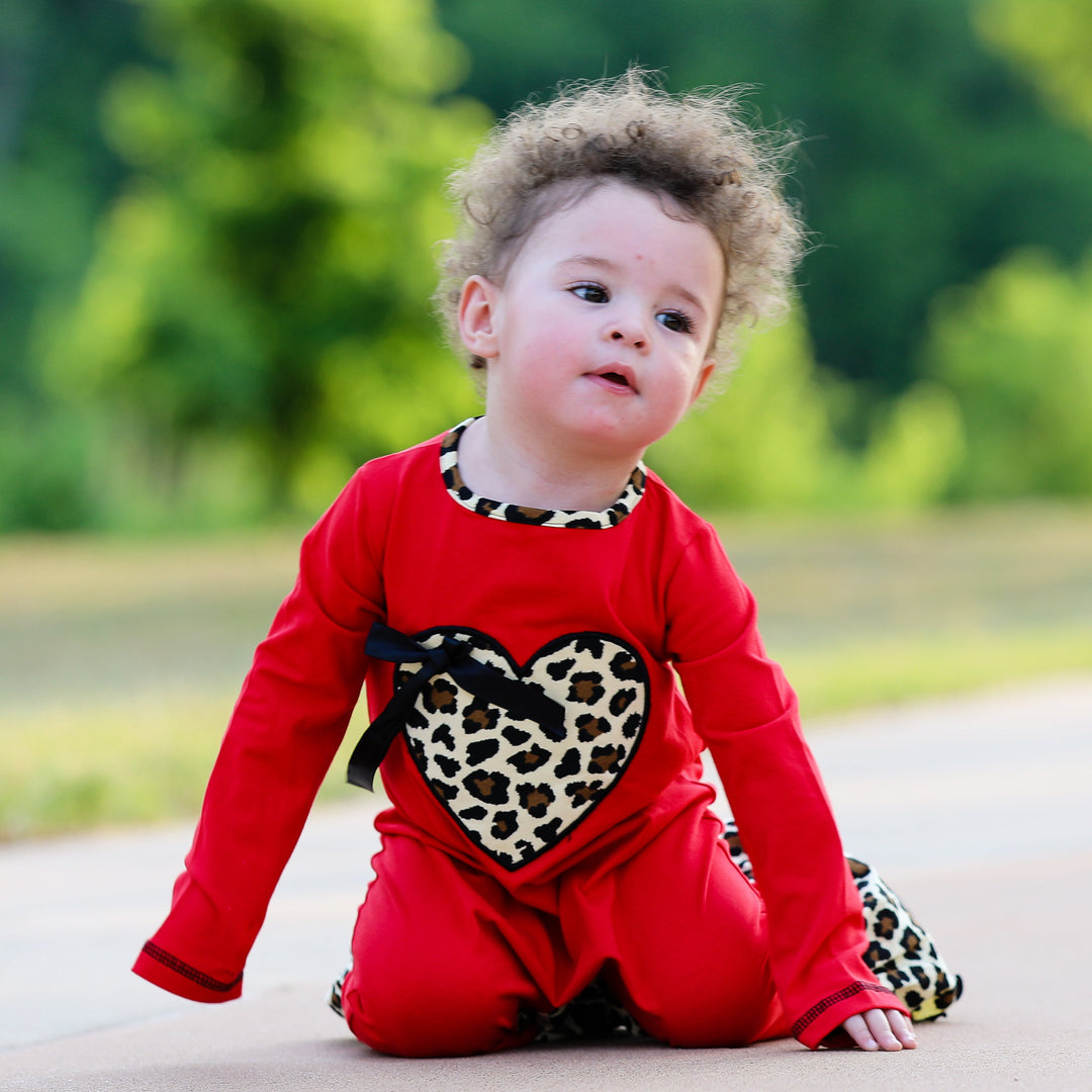 AnnLoren Baby Girls Leopard Valentines Holiday Heart Romper Outfit One Piece-2