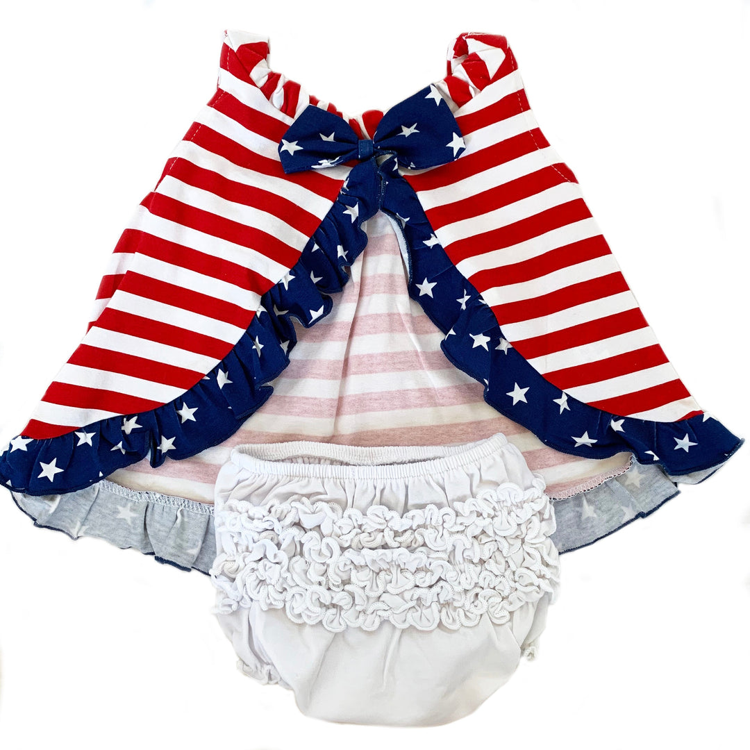 AnnLoren Baby Big Girls 4th of July Swing Stripes Stars Tank Top with Ruffle Trim and Bow-2