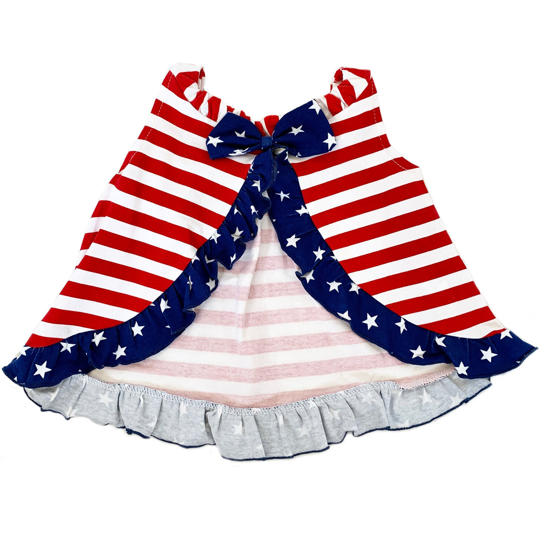 AnnLoren Baby Big Girls 4th of July Swing Stripes Stars Tank Top with Ruffle Trim and Bow-0