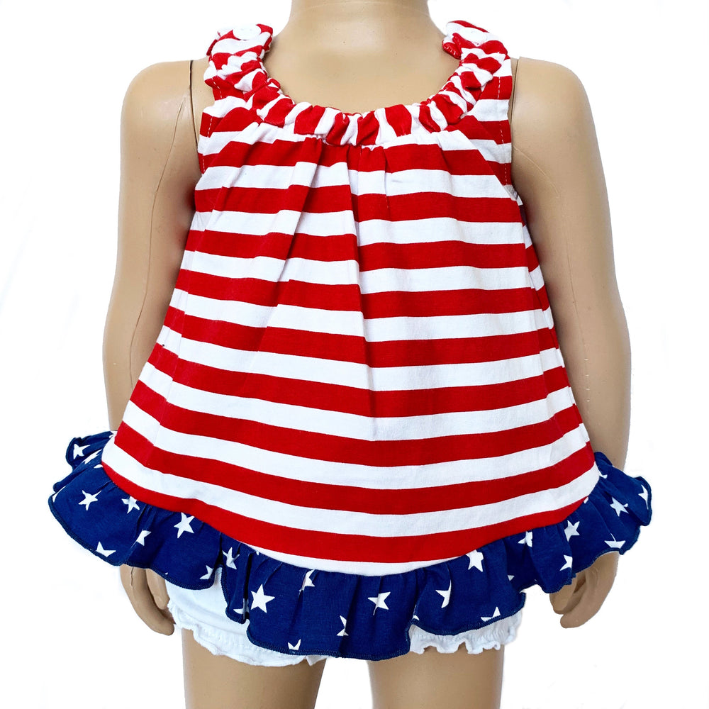 AnnLoren Baby Big Girls 4th of July Swing Stripes Stars Tank Top with Ruffle Trim and Bow-1