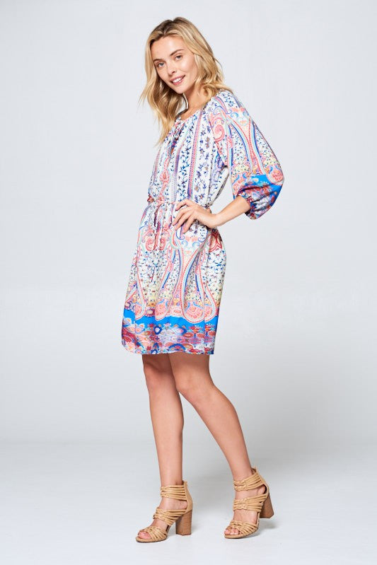 3/4 SLEEVE PRINT DRESS WITH TIE-1