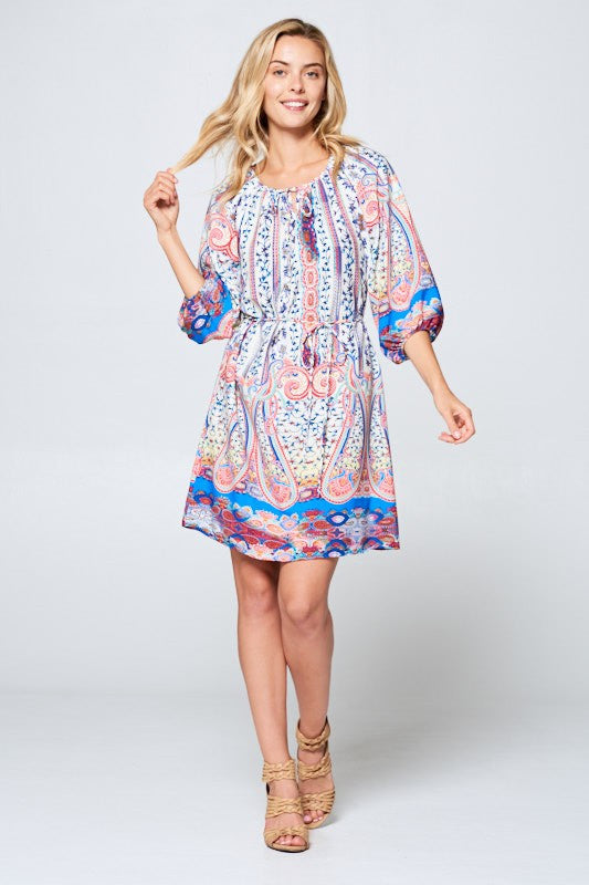 3/4 SLEEVE PRINT DRESS WITH TIE-0